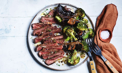Pan-seared steak served on a plate with broccoli and mushroom
