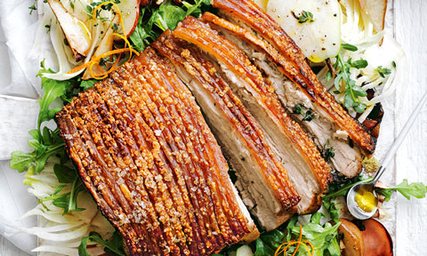 Pork belly with roast pear and rocket salad