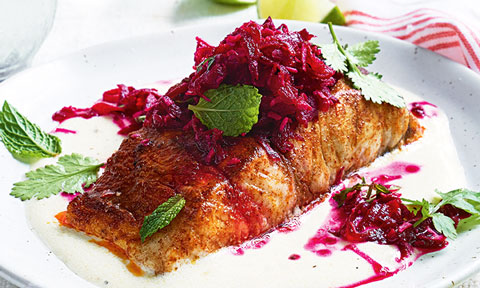Tandoori-spiced barramundi served with beetroot relish