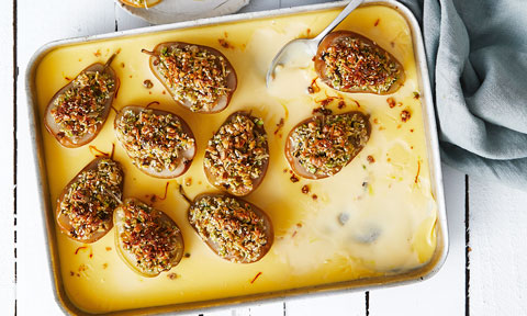 Baklava Pears with Saffron Custard