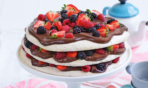 Choc-hazelnut and berry meringue torte