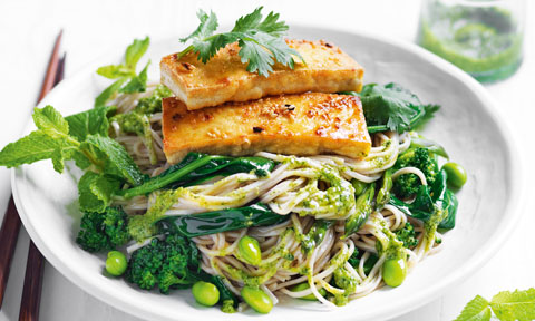 Sesame tofu with soba noodles and coriander pesto