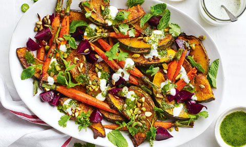 Spiced veggies with green chilli yoghurt