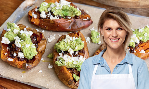 4 stuffed sweet potatoes with avocado and fetta on top with Courtney Roulston