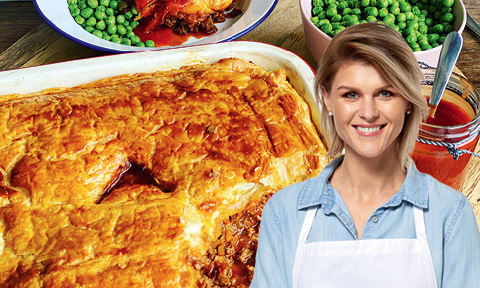 Meat pie with picture of Courtney Roulston over the top