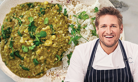 Spinach and cauliflower dal with picture of Curtis Stone over the top