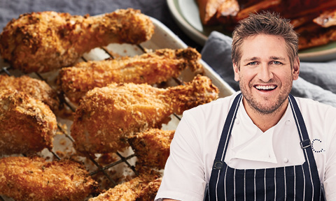 Fried chicken with a picture of Curtis Stone over the top