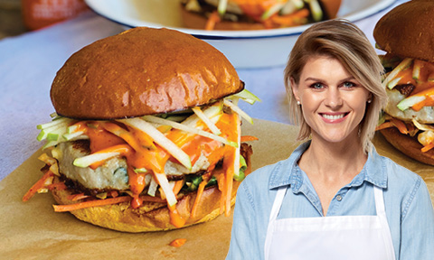 Courtney and her easy chicken burgers with apple and slaw