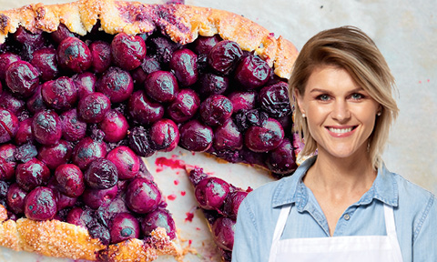 Courtney Roulston and her gingerbread cherry galette cut into wedges