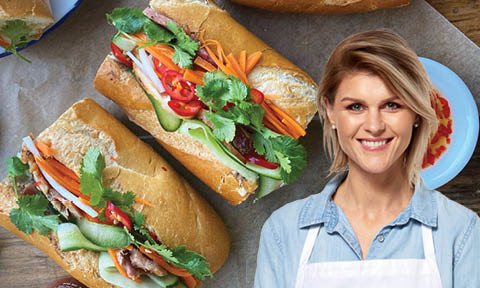 Courtney Roulston's ham banh mi cut into portions