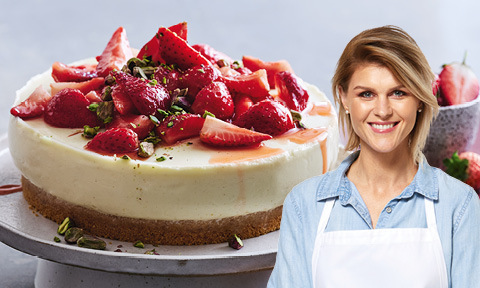A strawberry and pistachio yoghurt cheesecake