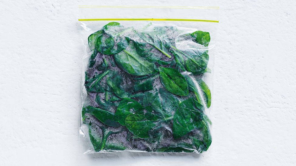 A frozen bag of spinach