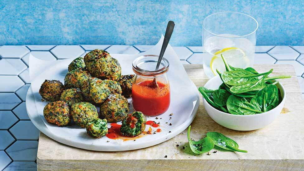 Spinach and Sourdough Fritters served with tomato sauce