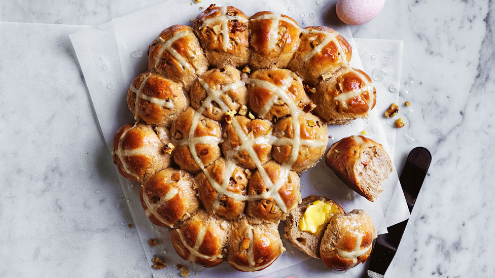 Apple and walnut hot cross buns