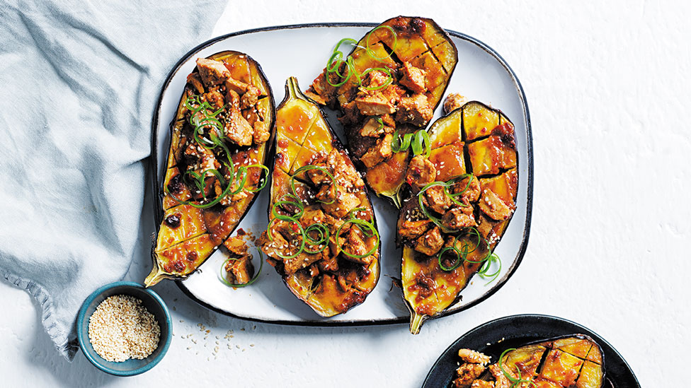 Miso eggplants cut in half