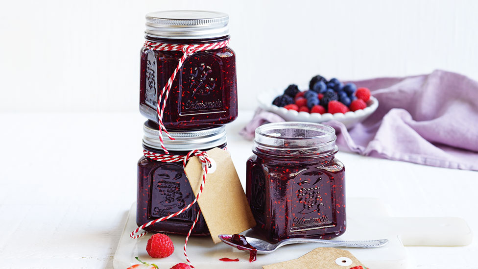 Three berry jam jars