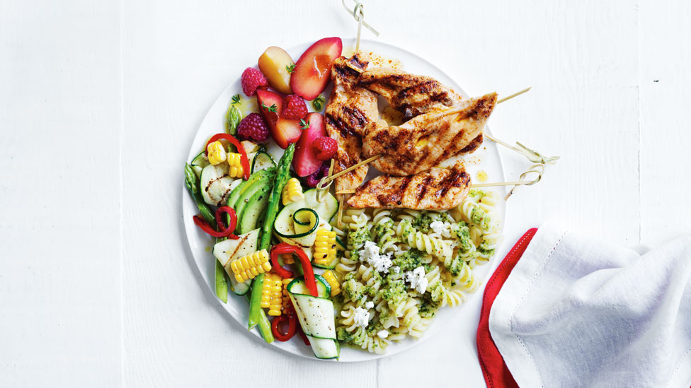 Roasted chicken, peeled zucchini, strawberries and corn