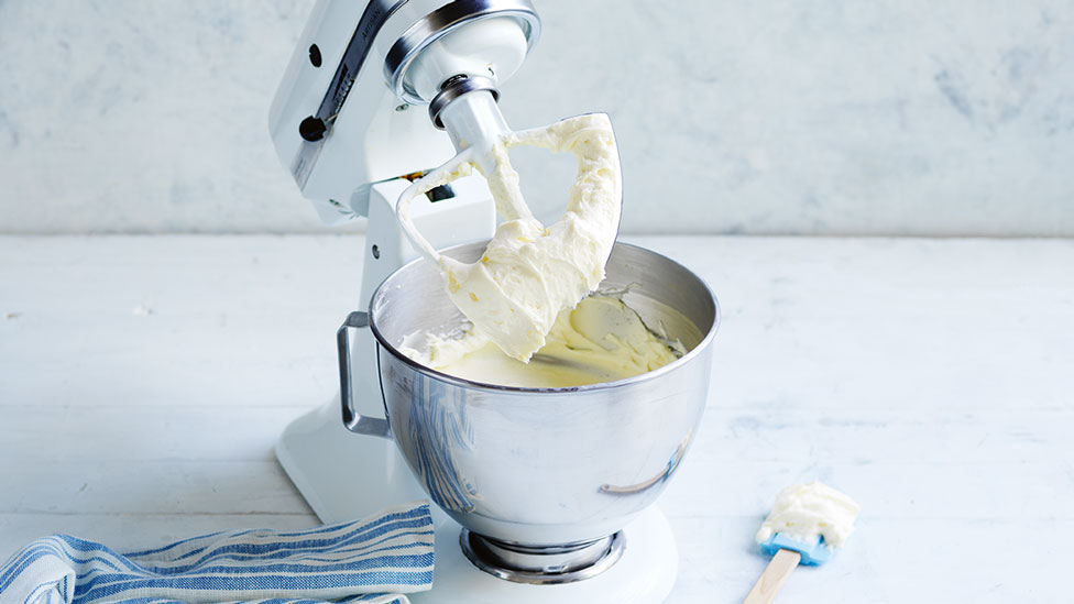 Cheesecake mix in a bowl mixer