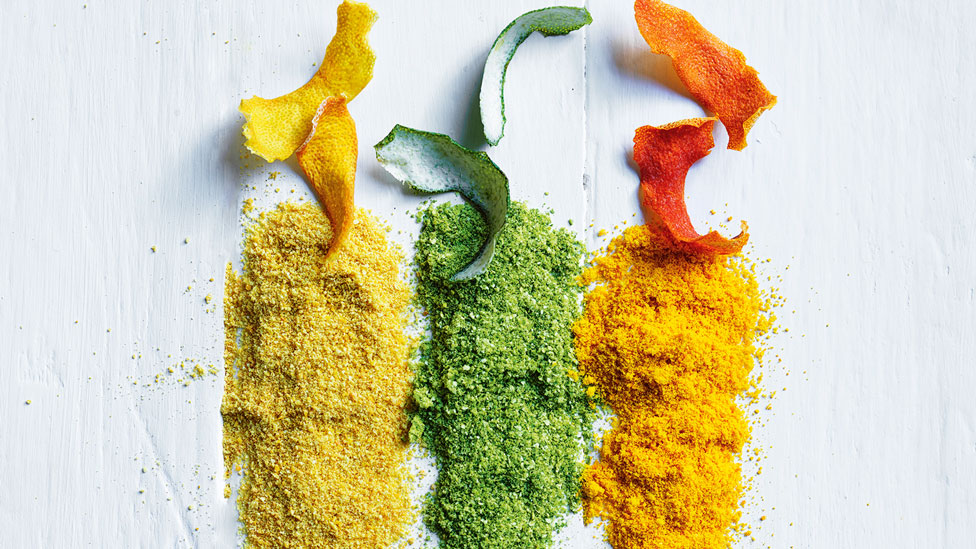 Three kinds of citrus rind dust in yellow, green and orange colour