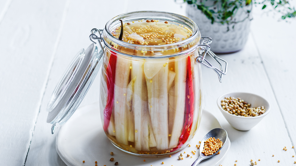 A jar of silverbeet stem pickles