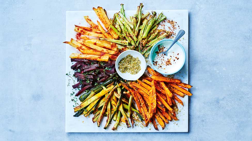 Rainbow fries with yoghurt dipping