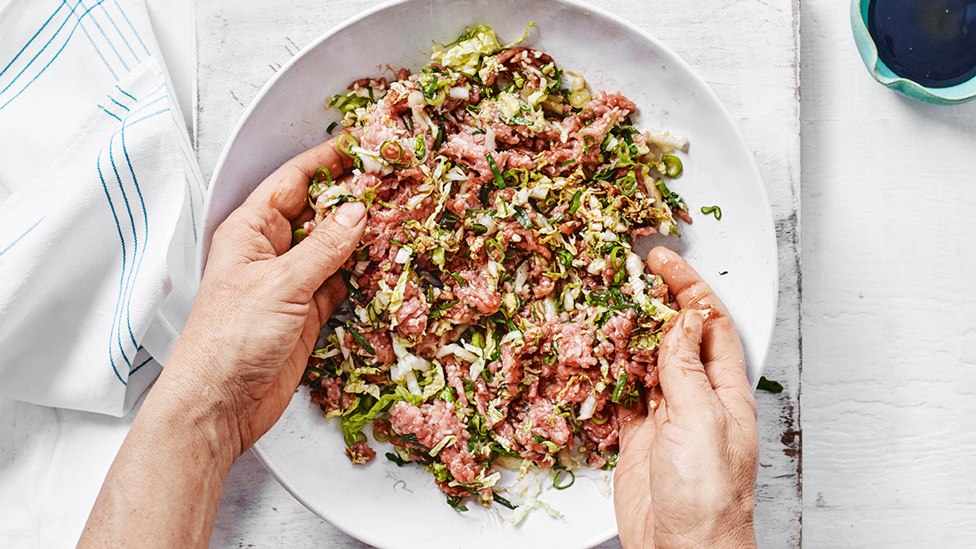 Pork mince dumpling filling being mixed with hands