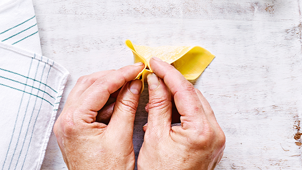 Person folding a dumpling wrapper