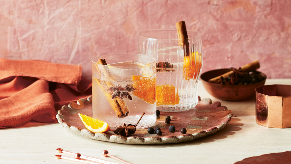 Two cups of gin with orange, anise and cinnamon