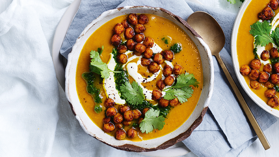 Pumpking soup with roasted chickpeas and corriander