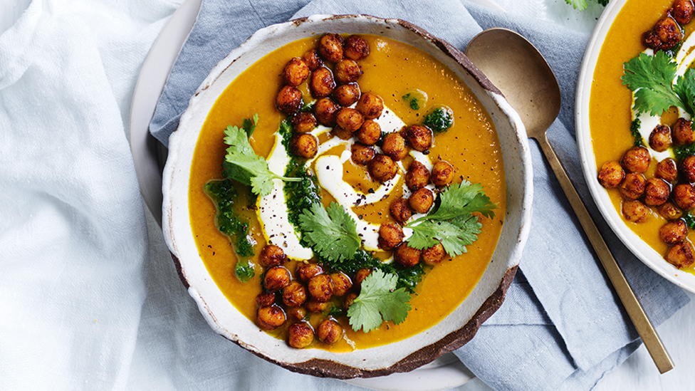 Pumpking soup with roasted chickpeas and coriander