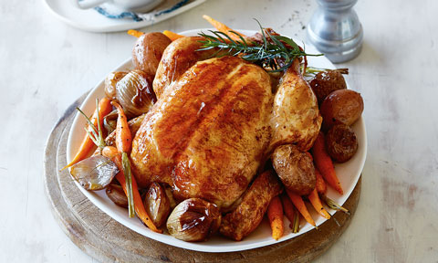 Roast chicken served with vegetables