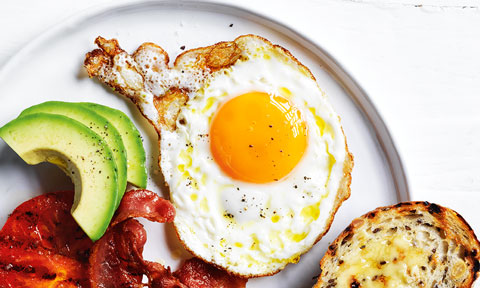 Fried eggs on a plate with avocado and toast