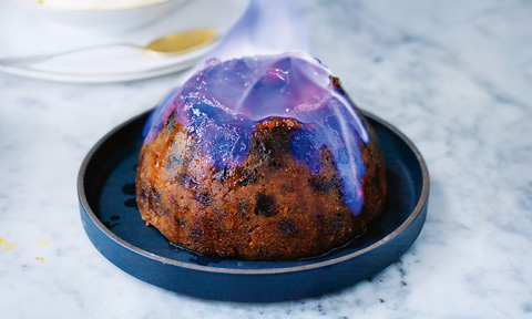 A flaming Christmas pudding