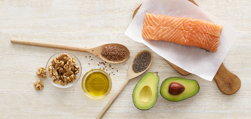 Food sources of healthy fats: salmon, avocado, chia seeds, nuts