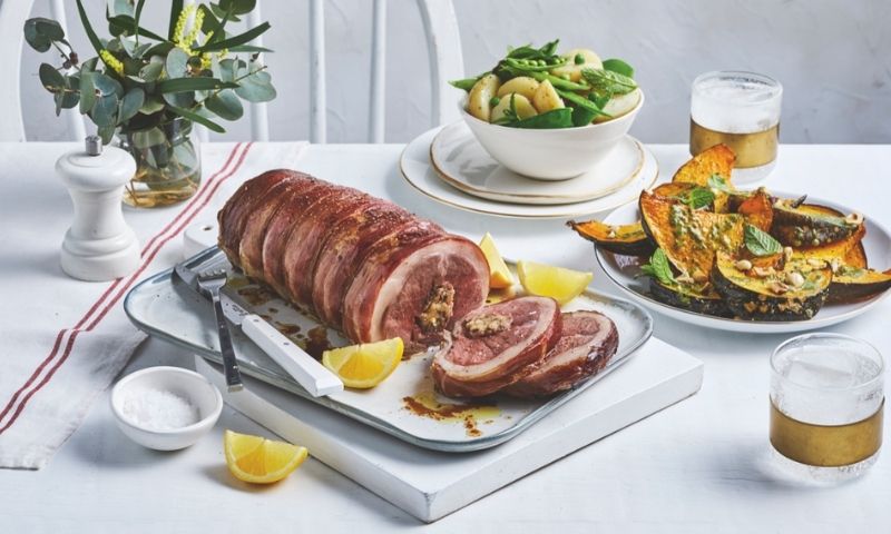 Coles Proscuitto Wrapped Saddle of Australian lamb with Cranberry, Orange and Caramelised Onion stuffing