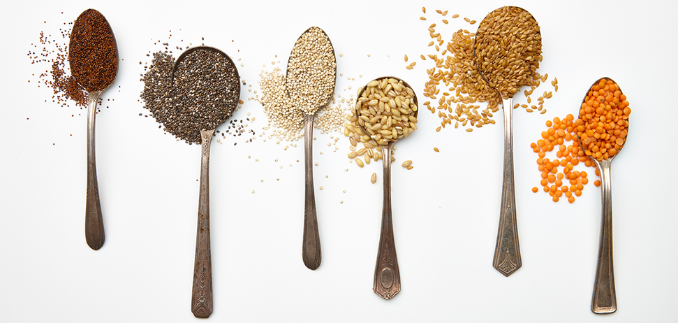 Spoons full of different grains and legumes