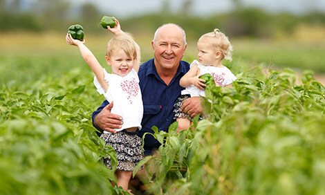 Des Chapman and family from Rocky Ponds, Gumlu, Queensland in field holding green capsicums