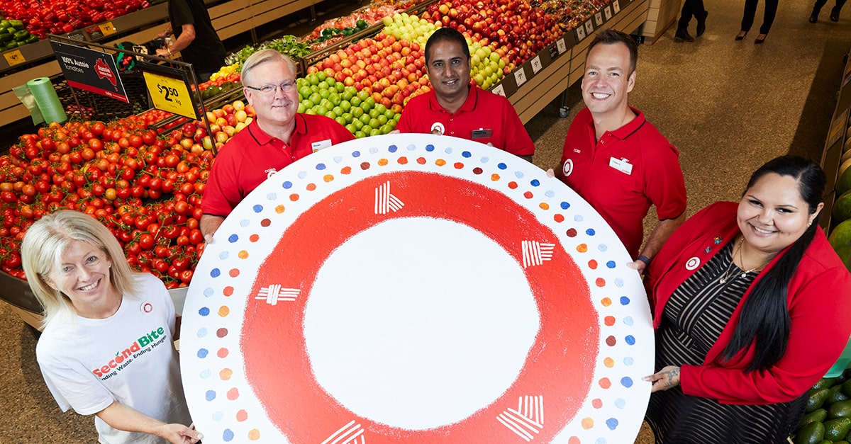 Simone Carson, Steven Cain, Vignesh Varadharajan, Thinus Keeve, Nikita Ridgeway at Coles Moonee Ponds with Coles' new 'Together to Zero’ logo